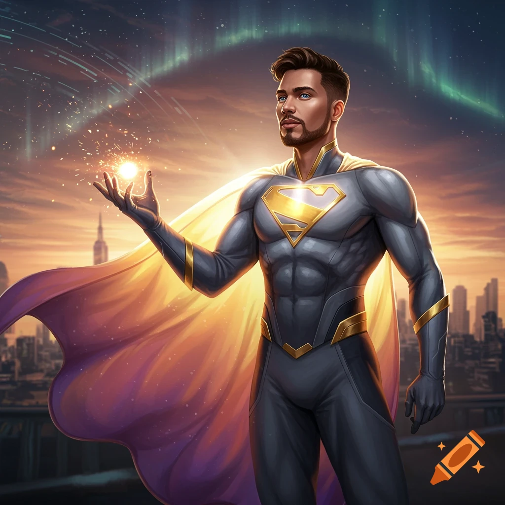 An illustrative male superhero in a grey and gold suit with a cape, holding a glowing orb over a city skyline with an aurora.