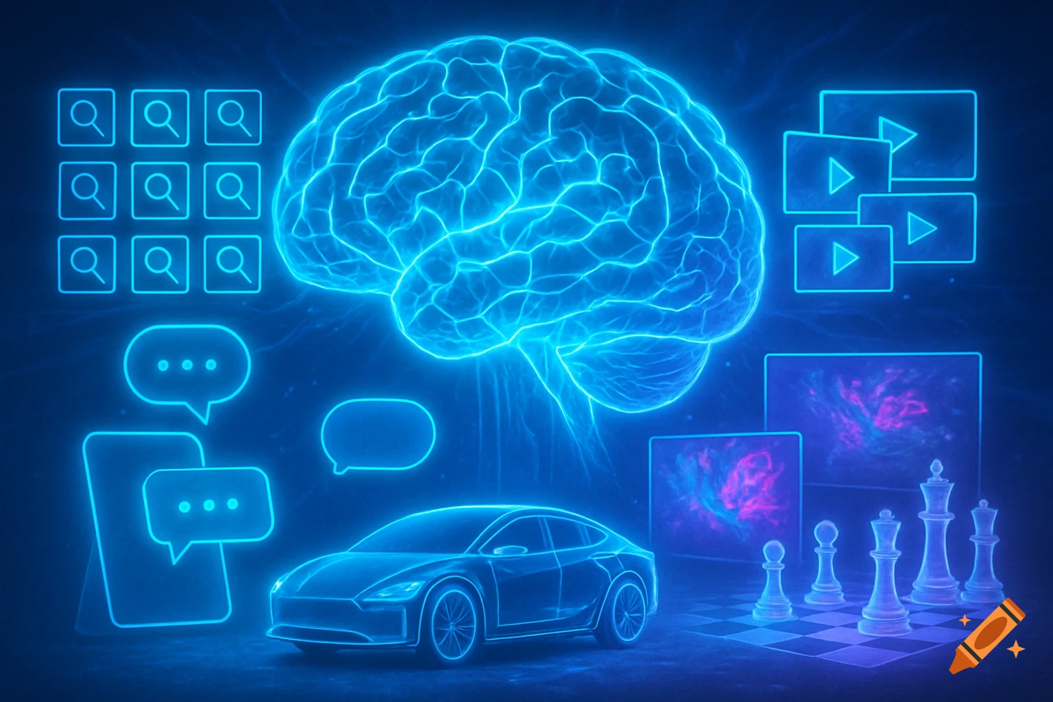 A neon blue glowing brain is surrounded by various holographic icons representing AI concepts: search, video, chat, a self-driving car, and chess pieces on a chessboard.