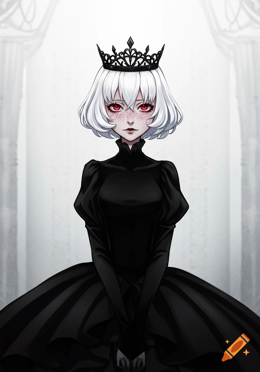 Anime-style portrait of a girl with short white hair, red eyes, freckles, wearing a black crown and a long black dress.