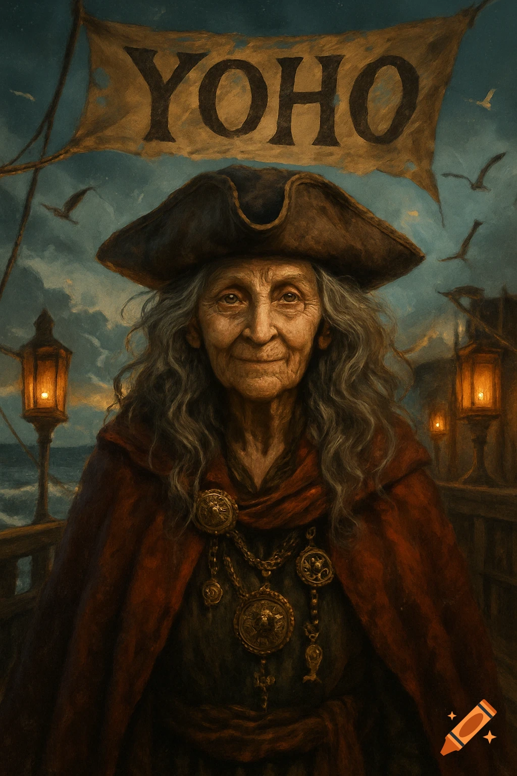 A detailed painting of an old female pirate with long grey hair and a red cloak, standing on a ship deck beneath a banner that reads YOHO.