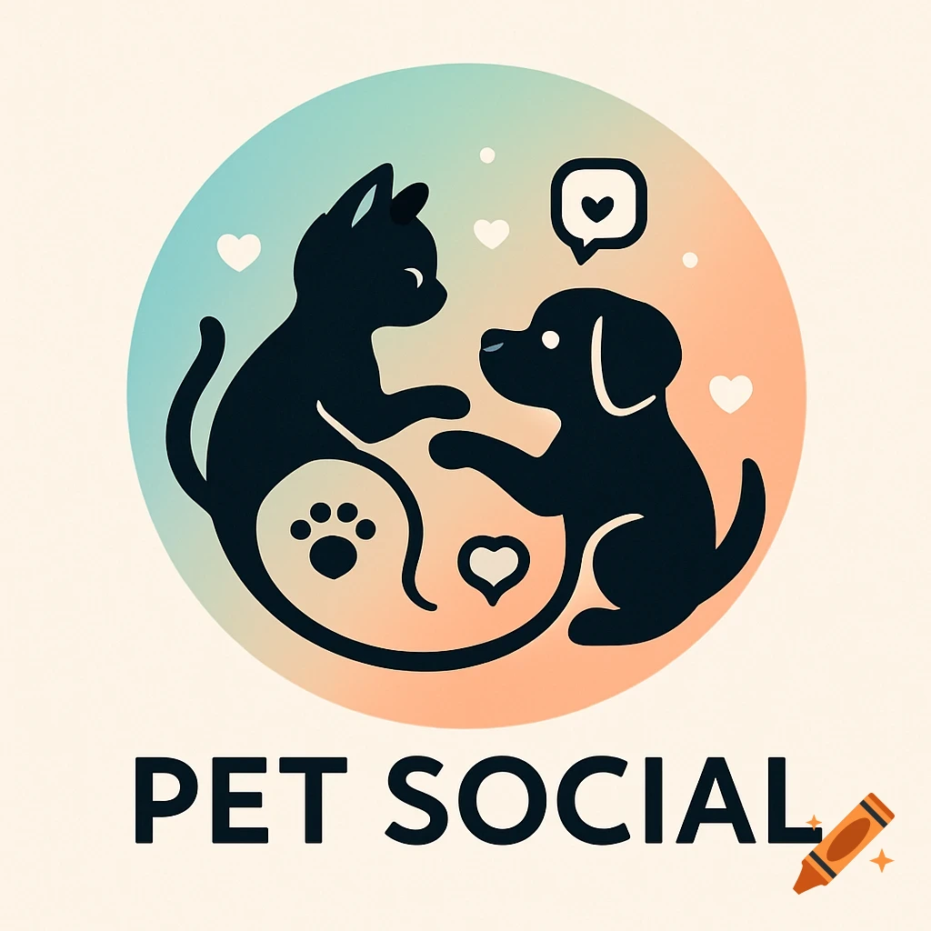 A stylized logo featuring black silhouettes of a cat and a dog facing each other, inside a circle with a teal to orange gradient. Hearts and a paw print are also visible. Below the circle, the text "PET SOCIAL" is written in black.
