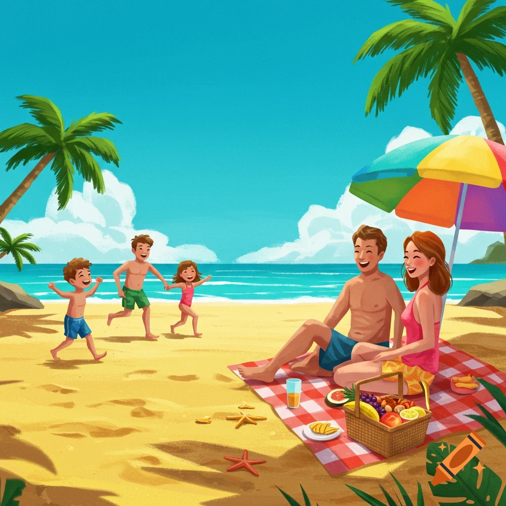An illustrated family on a sunny beach, with two kids running towards the ocean while parents relax on a picnic blanket.