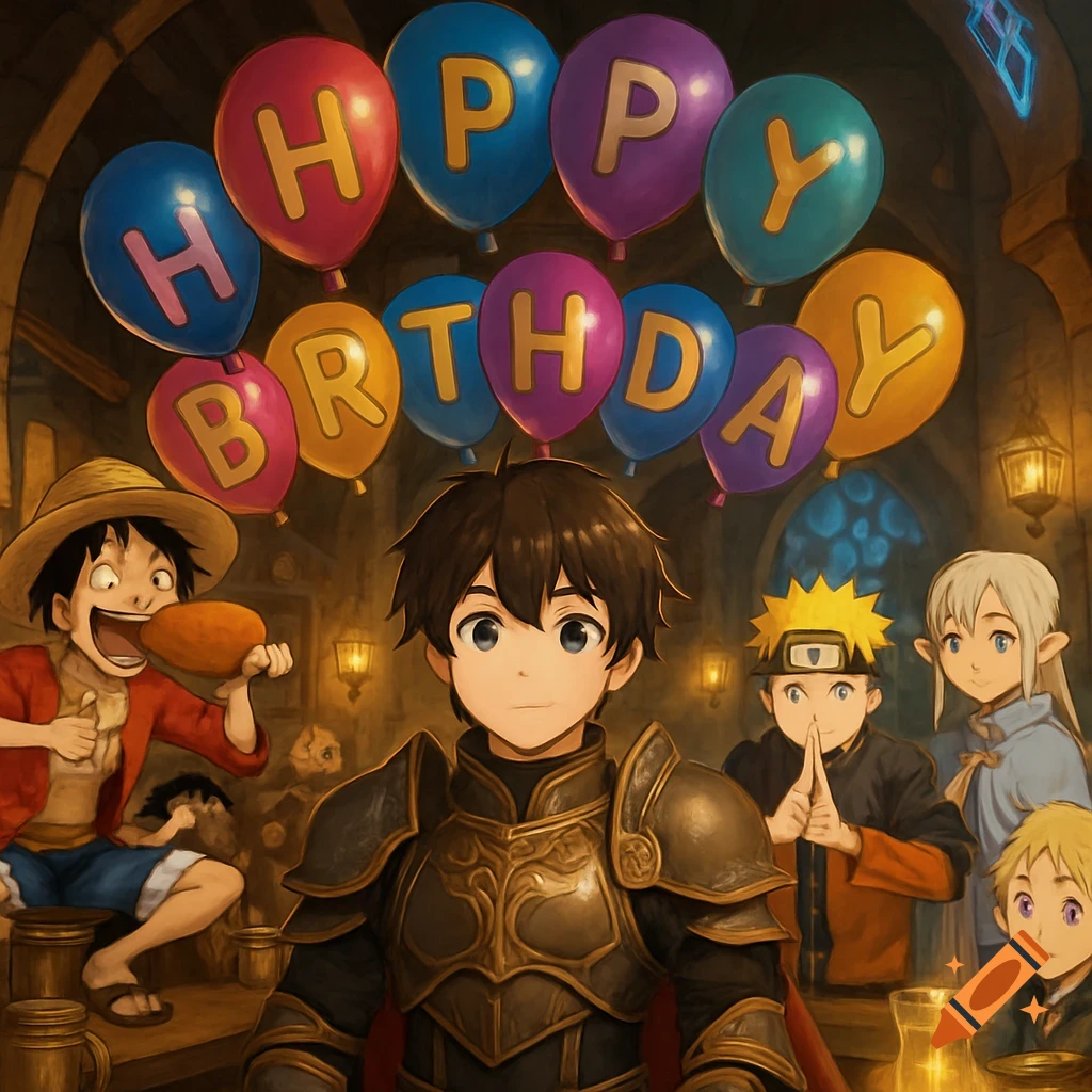 Anime characters including Luffy, Naruto, and an armored protagonist celebrate a birthday in a fantasy tavern with 'Happy Birthday' balloons.