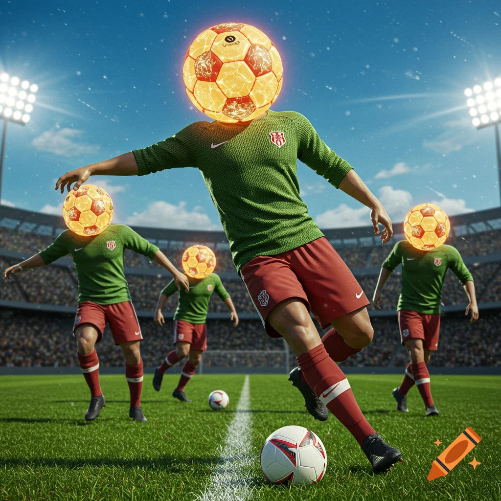 Surreal image of soccer players with glowing soccer balls for heads on a stadium field.