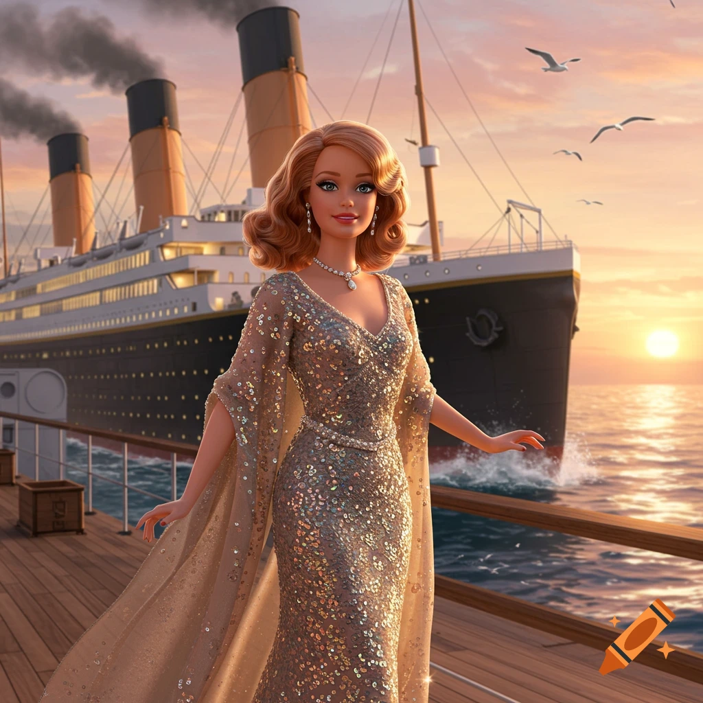 A Barbie-like doll in a shimmering gown stands on the deck of a large ship, resembling the Titanic, at sunset.
