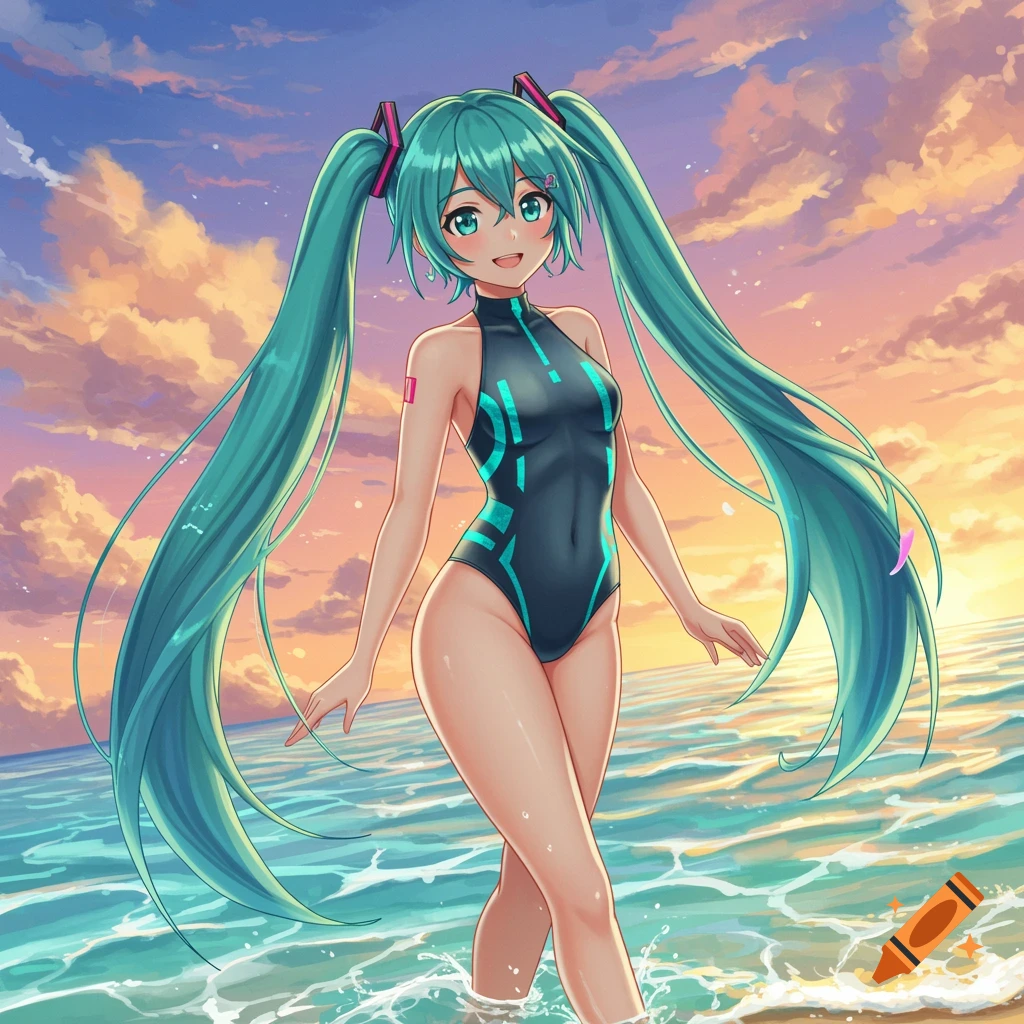 Hatsune Miku in a black and teal swimsuit wading in the ocean at sunset.
