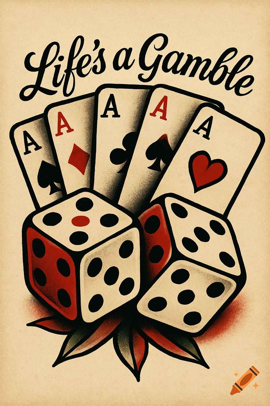 American traditional tattoo style illustration featuring four aces playing cards, two red dice, and 'Life's a Gamble' text.