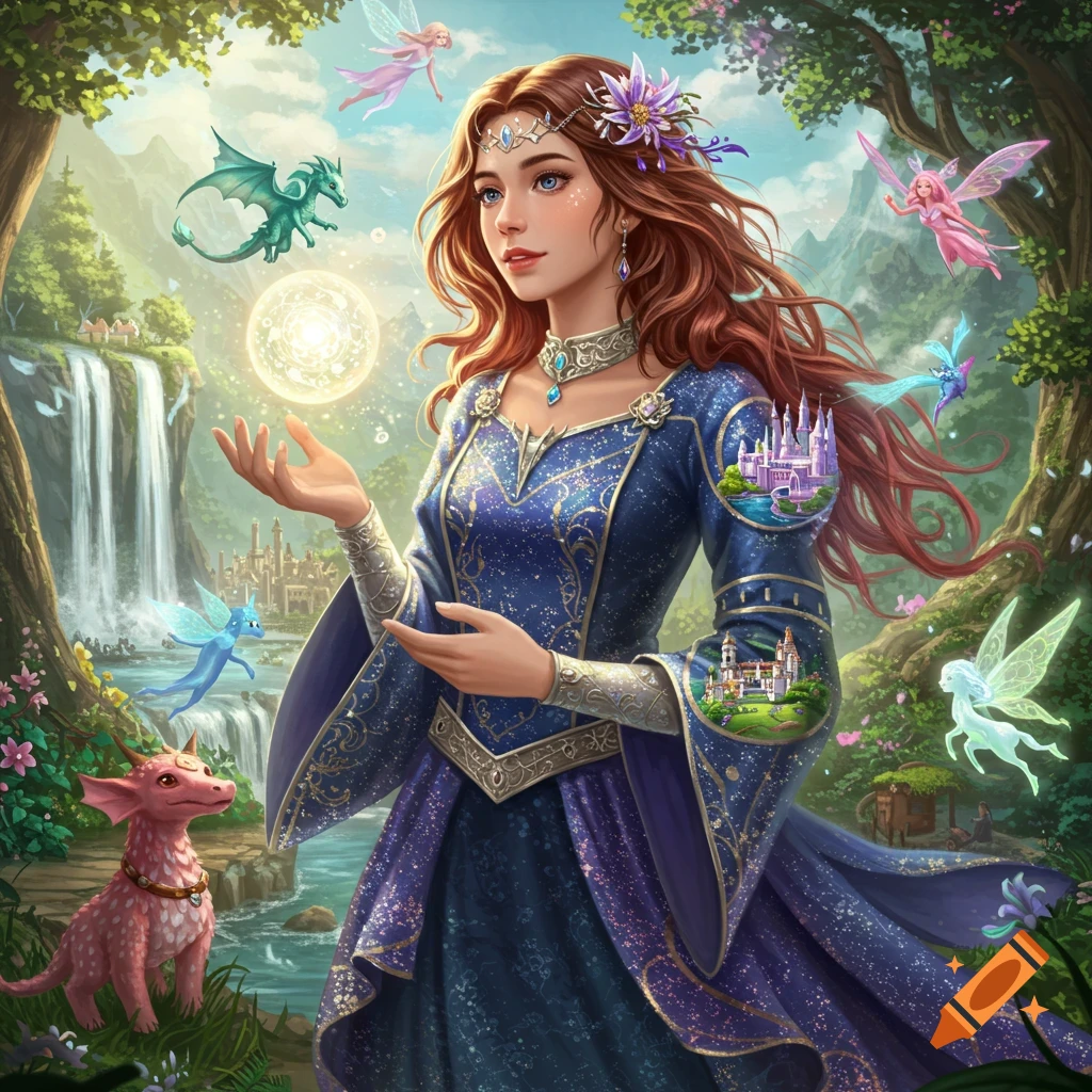 A fantasy art illustration of a woman in a blue dress with fairies and dragons, holding a glowing orb in an enchanted forest.
