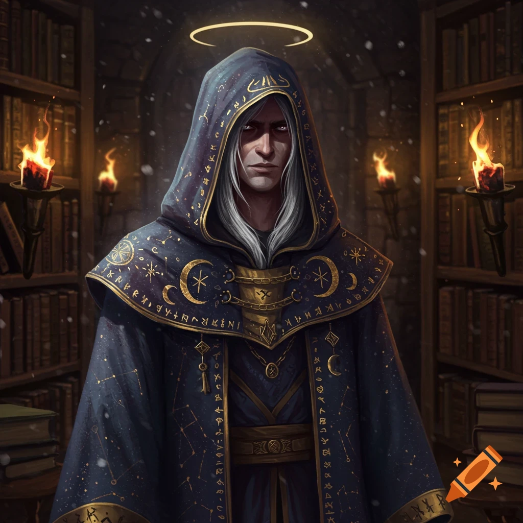 A stoic wizard with long white hair and a glowing halo, wearing an ornate dark blue hooded robe with gold celestial and runic symbols, standing in a dim library lit by torches.