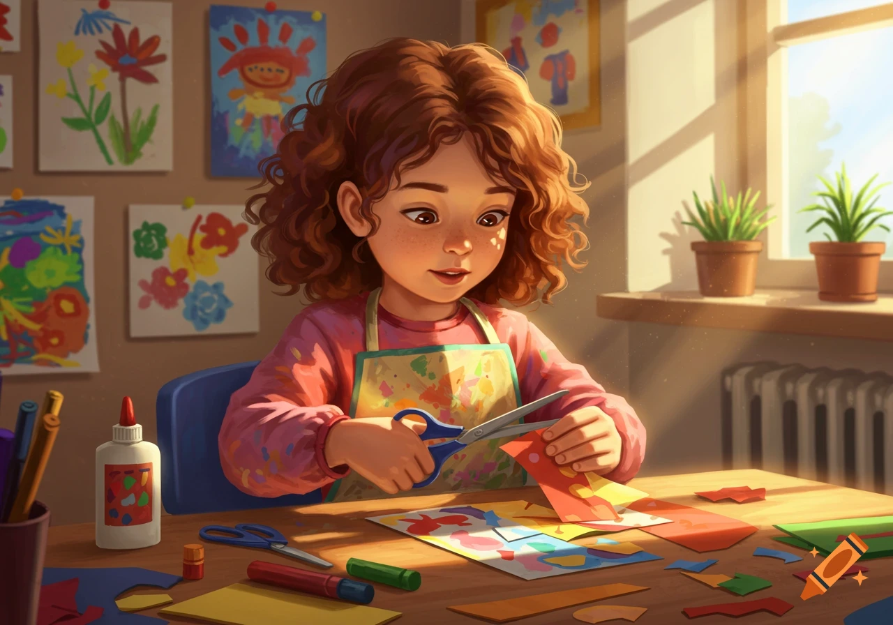 A young girl with curly brown hair cuts colorful paper at a sunny table, surrounded by art supplies and children's drawings on the wall.