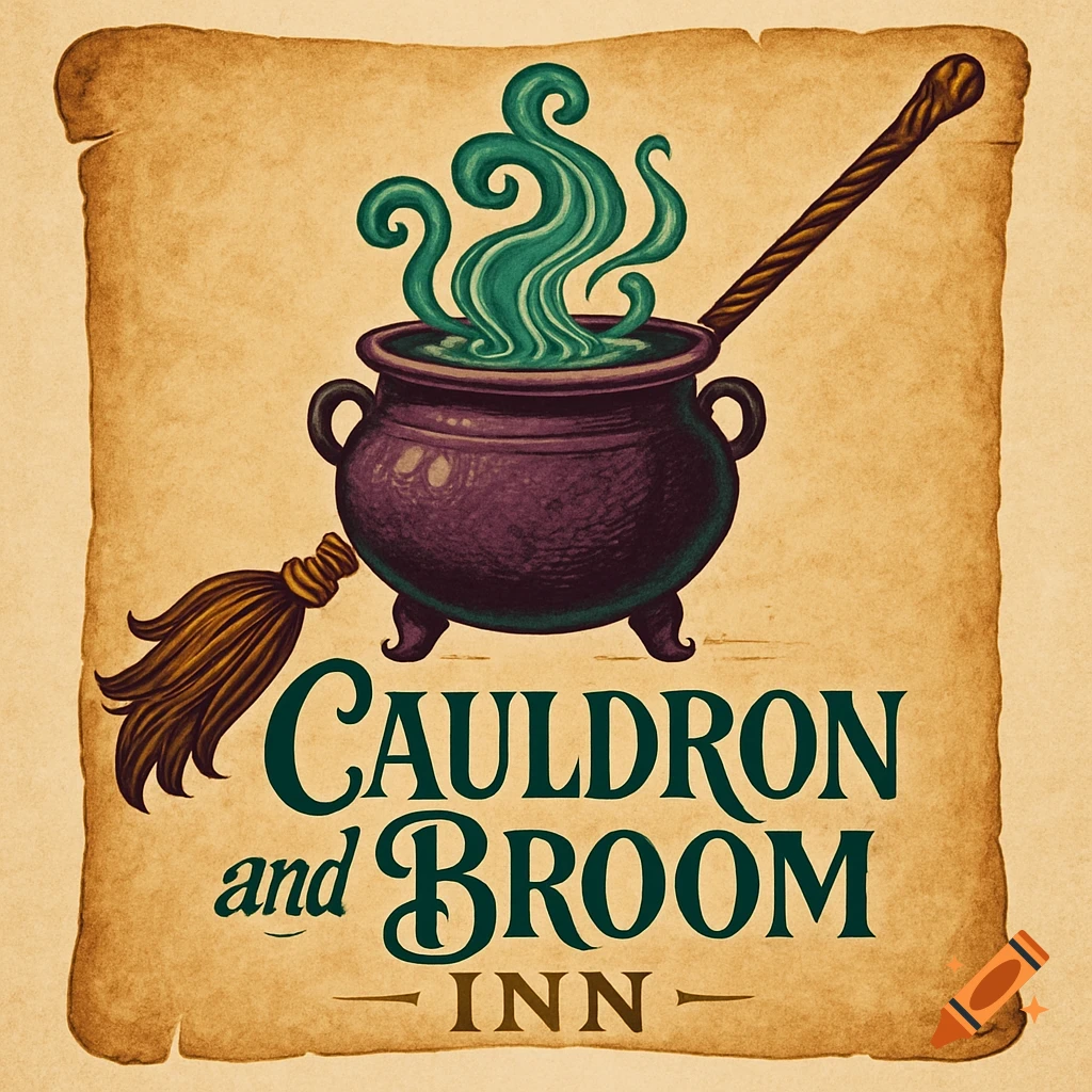 A vintage-style logo featuring a cauldron with green smoke, a broom, and the text 'Cauldron and Broom Inn' on a textured parchment background.