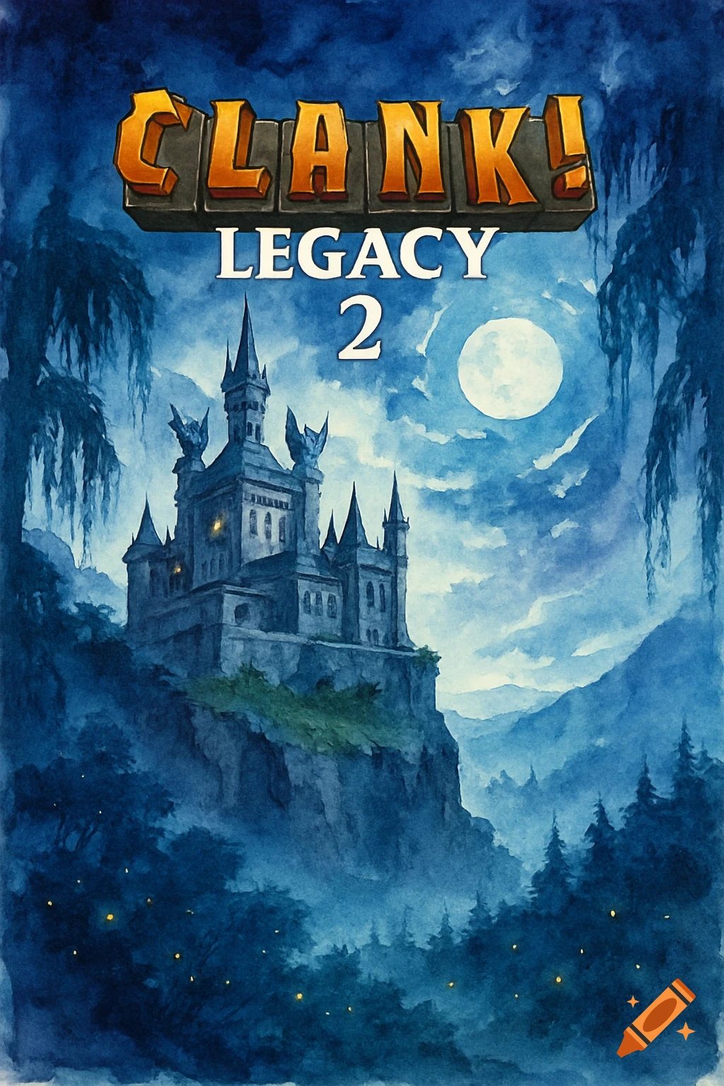 Watercolor painting of a spooky castle on a cliff under a full moon, with the title 'CLANK! LEGACY 2'.