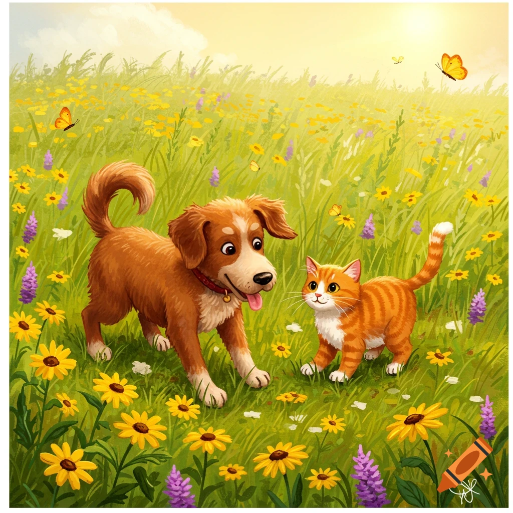 A happy dog and a curious cat stand in a field of yellow and purple flowers with butterflies flying around, in a bright illustration style.