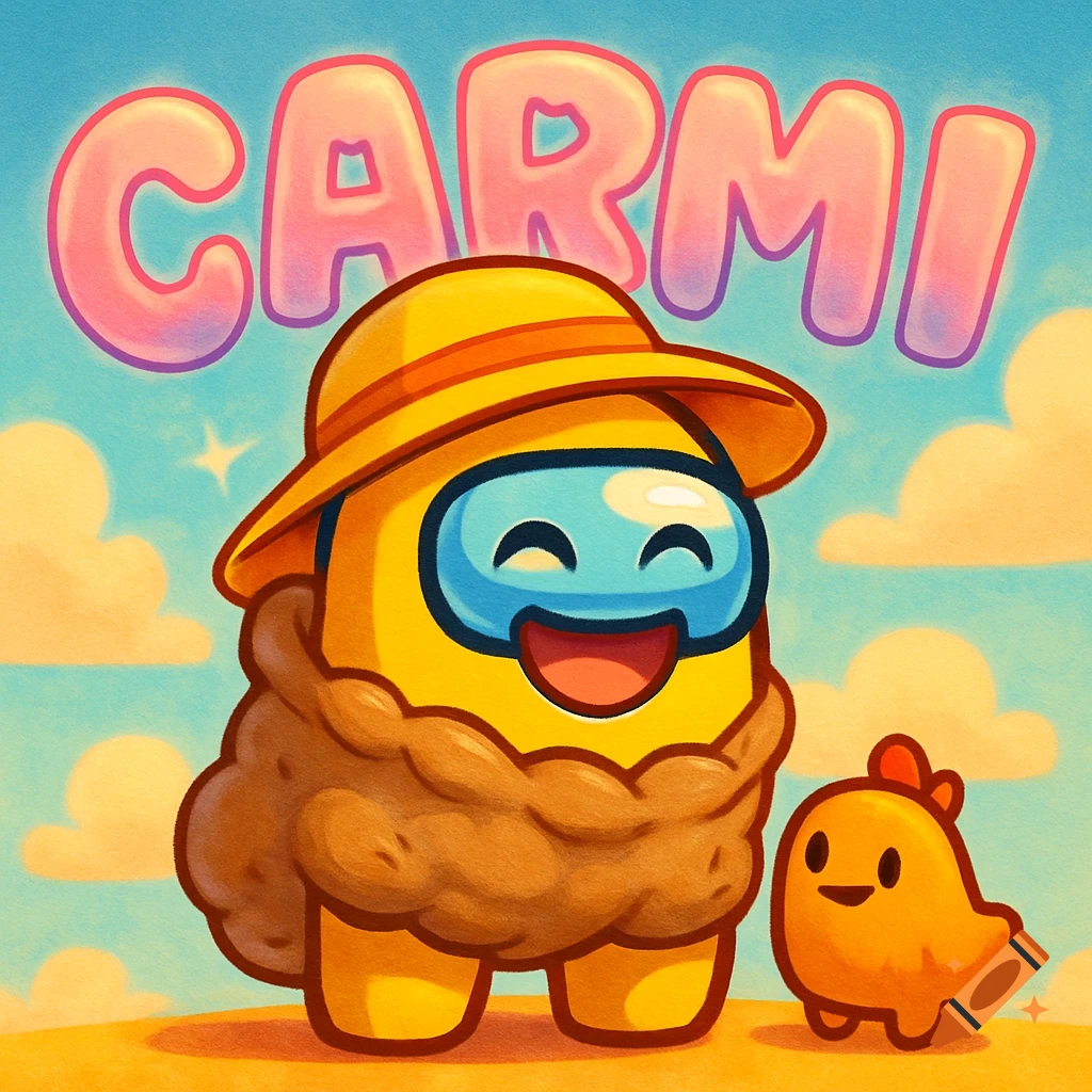 Cartoon yellow Among Us character with hat, visor, and fur collar, next to a small orange pet. Text CARMI above.