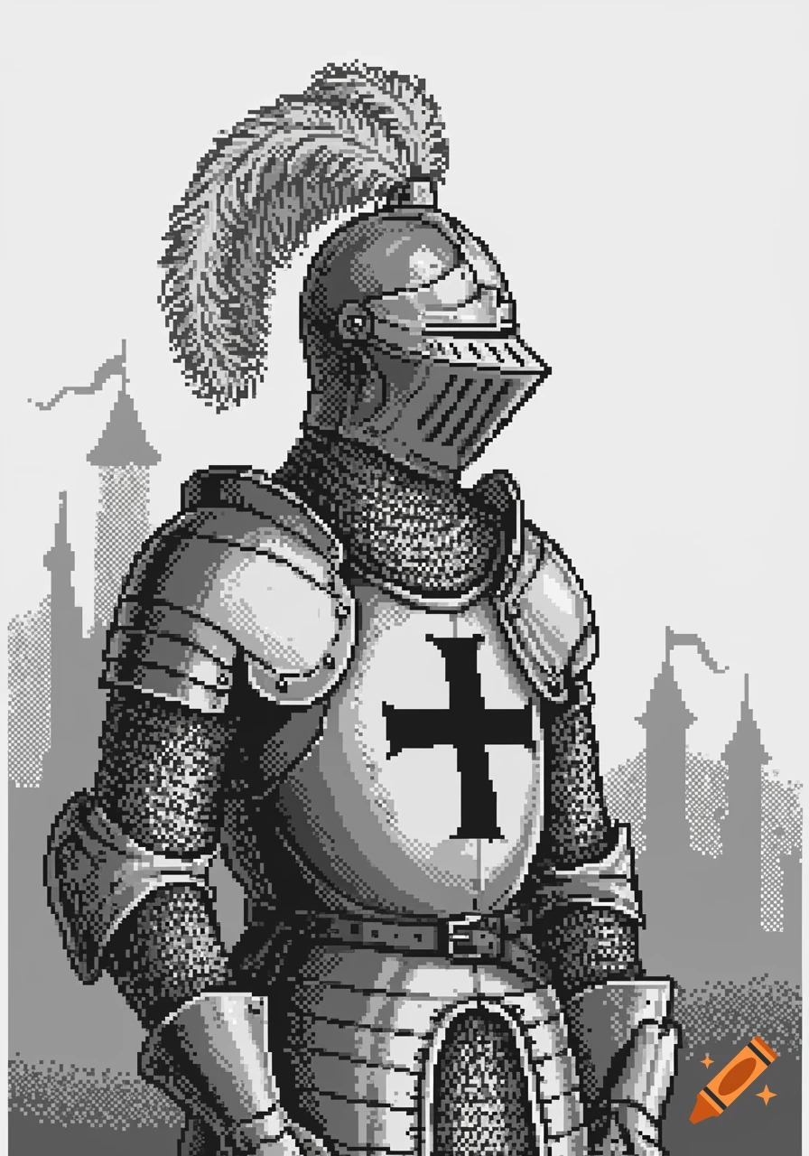 A black and white pixel art image of a medieval knight in full plate armor with a feathered helmet and a cross on the chest, against a castle background.