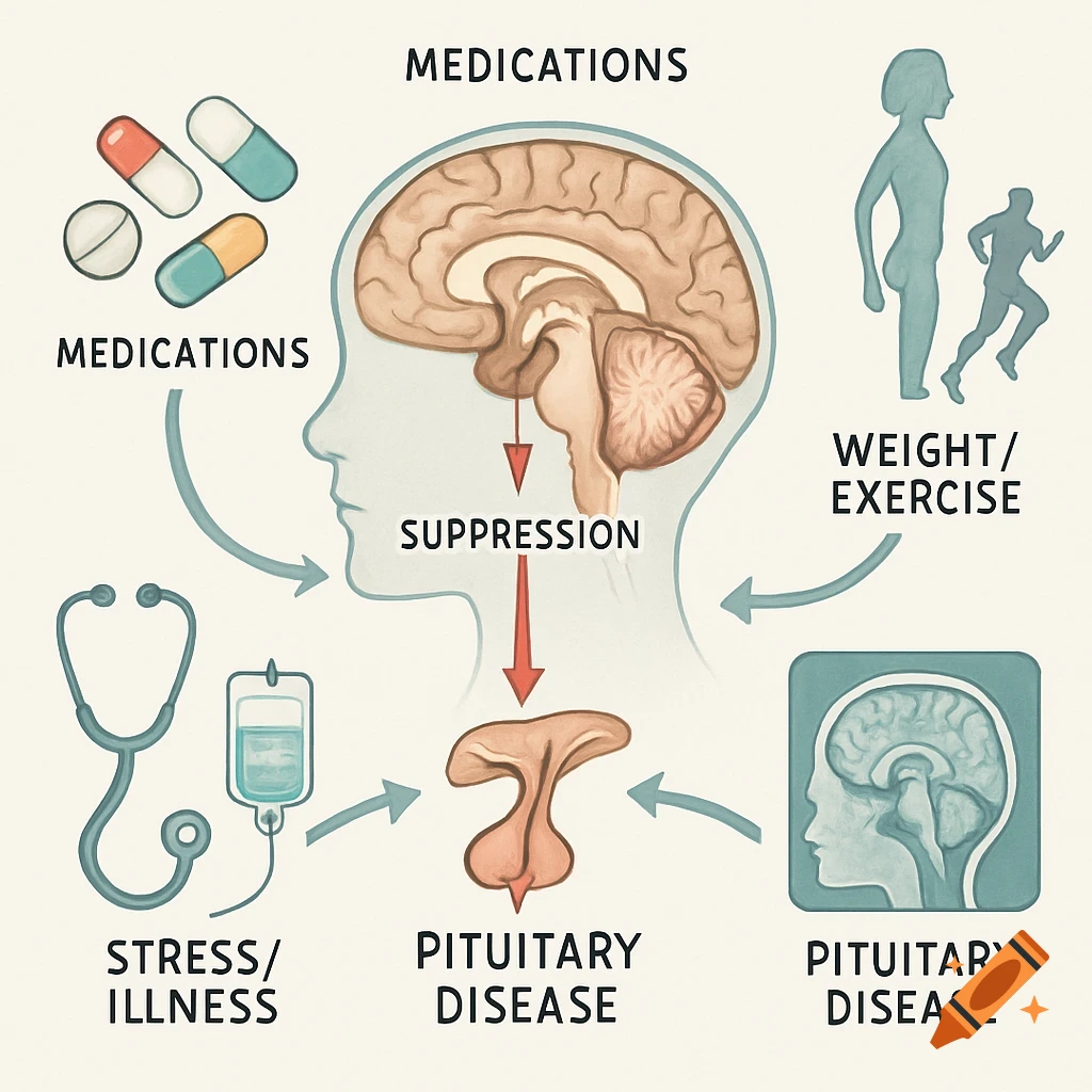A clean medical diagram illustrating the factors like medications, weight/exercise, stress, and pituitary disease influencing the brain and pituitary suppression.