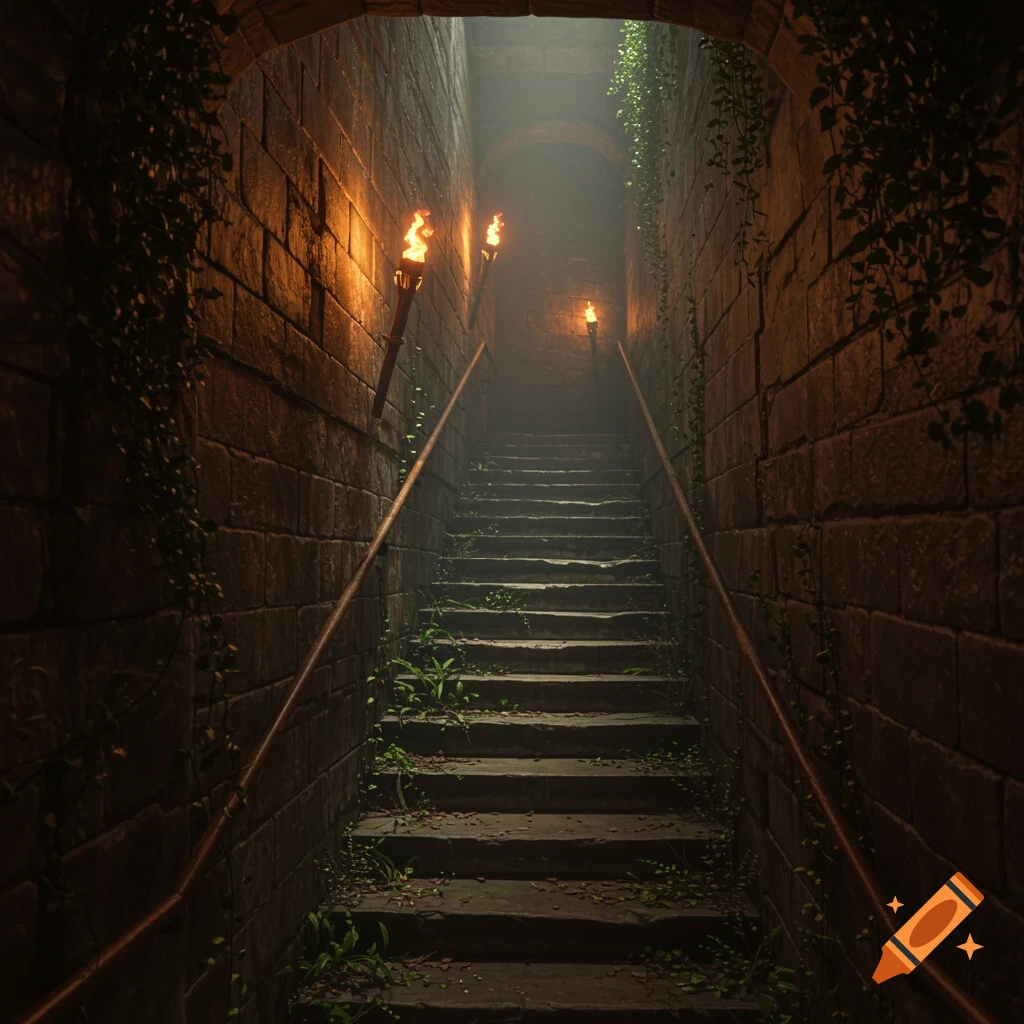 Dark stone staircase descending into mist-filled darkness, lit by torches, with vines growing on the walls and steps.