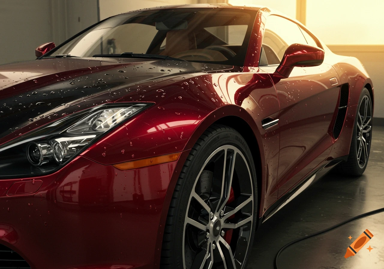 A close-up of a wet, dark red sports car in a detailing garage, with light reflecting off its sleek surface.