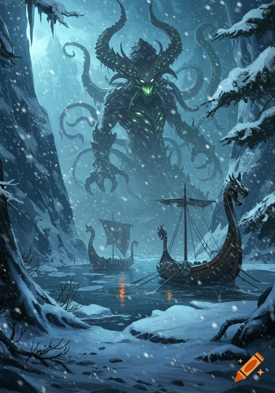 A huge, horned, tentacled monster with glowing green eyes dominates a snowy valley with two Viking ships on icy water.