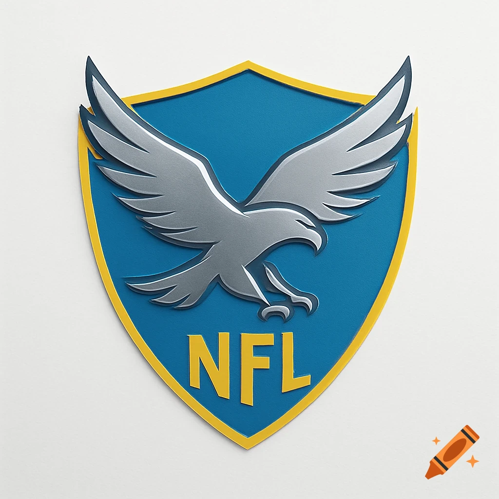 A blue shield with a yellow border, featuring a silver eagle soaring above the yellow letters 'NFL'.