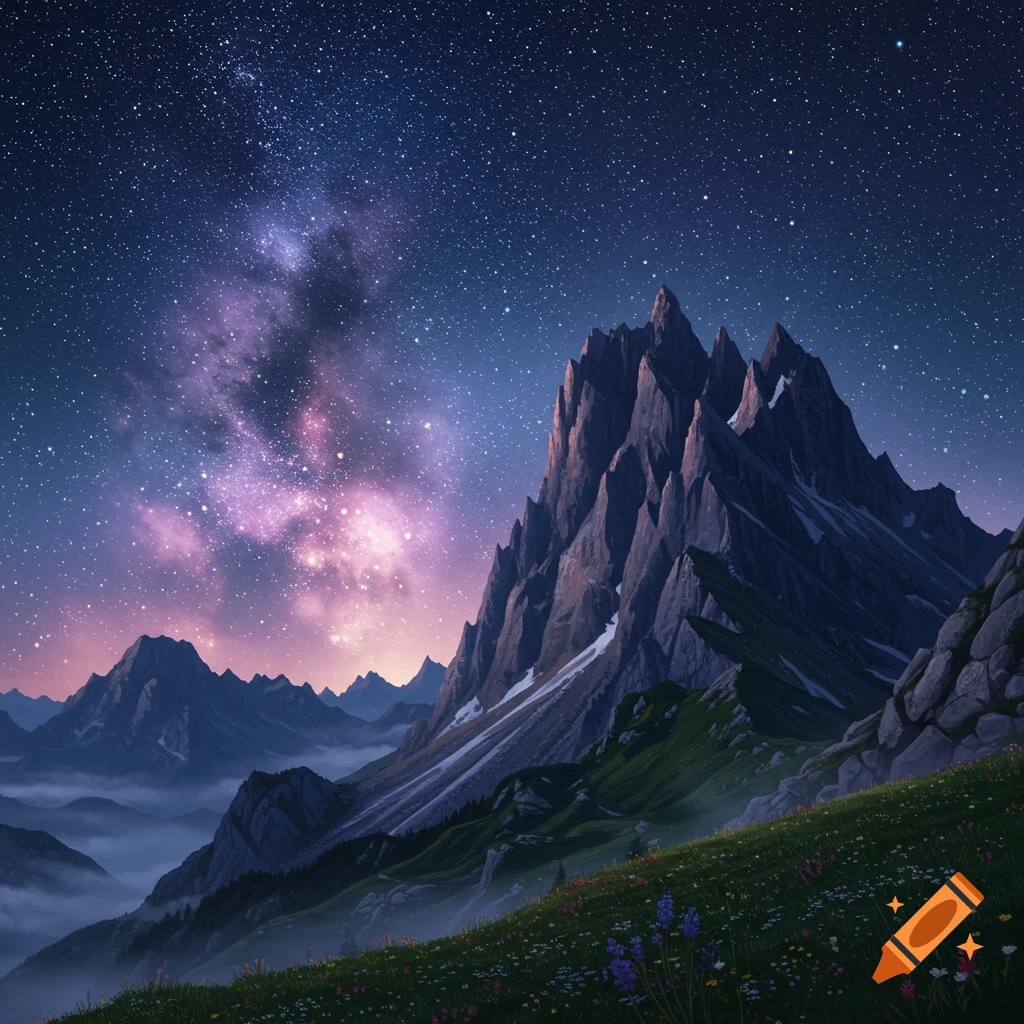 A vibrant night sky filled with stars and the Milky Way over a range of jagged mountains and a grassy foreground.