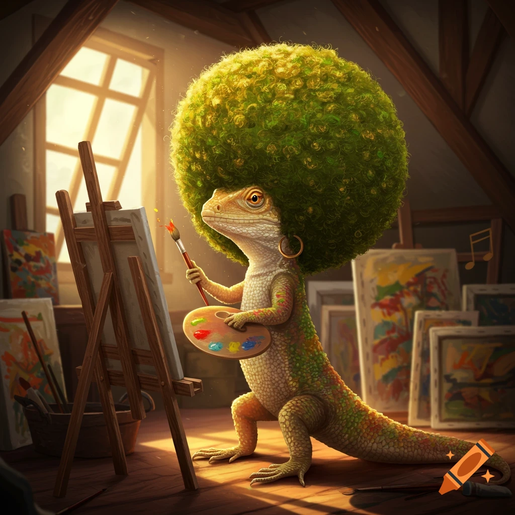 A whimsical illustration of a lizard with a green afro painting at an easel in an artist's studio.