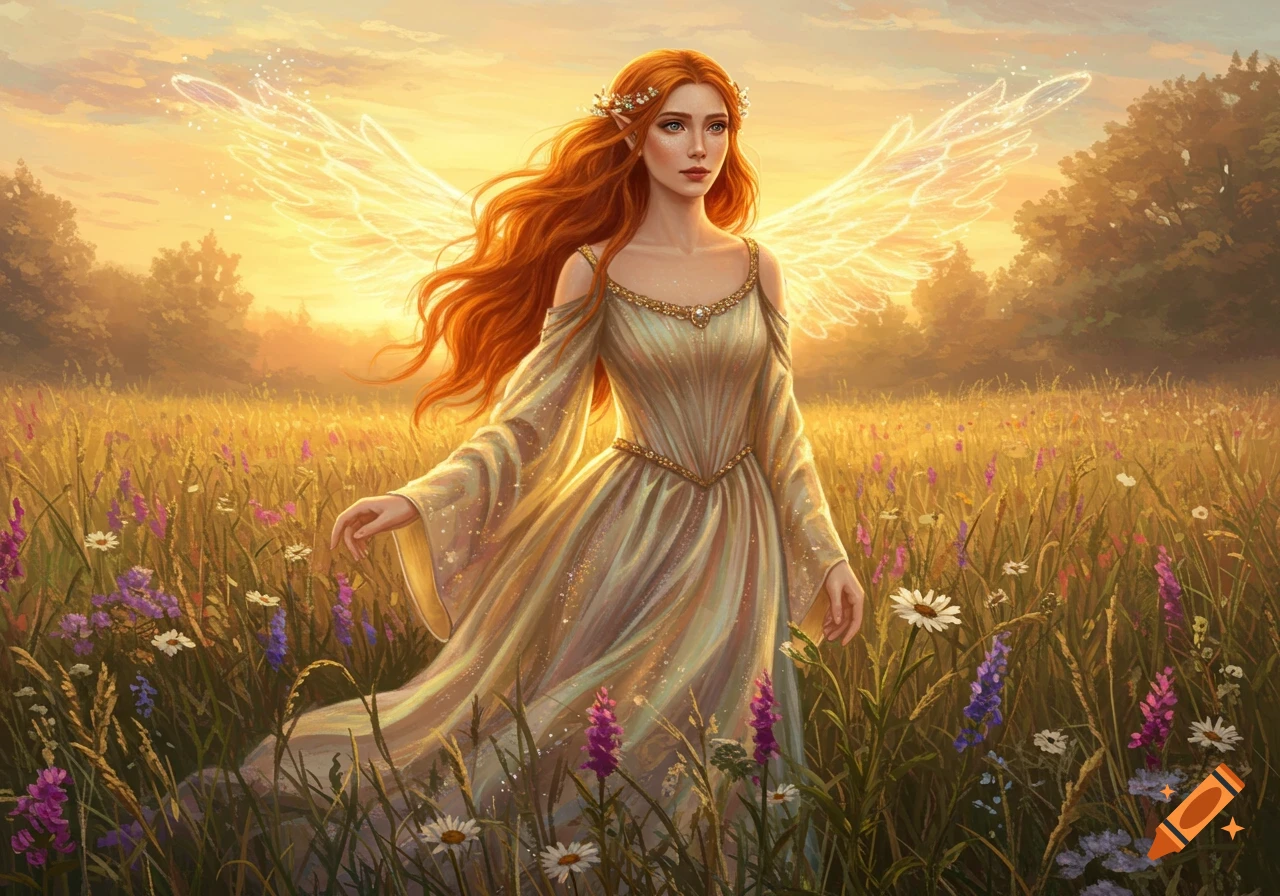 A beautiful red-haired woman with glowing fairy wings stands in a golden field of wildflowers at sunset.