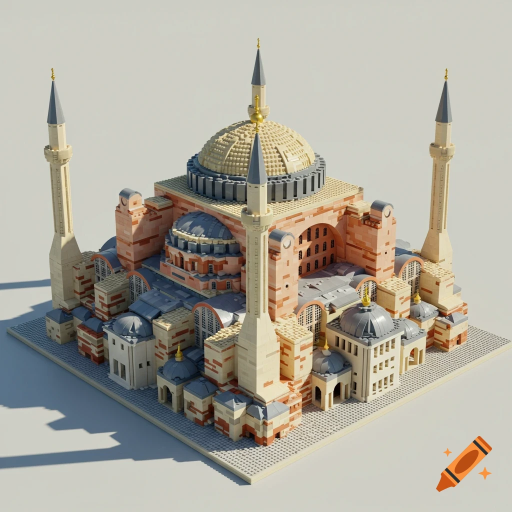 Detailed Lego model of Hagia Sophia, featuring its dome and four minarets, on a light background.