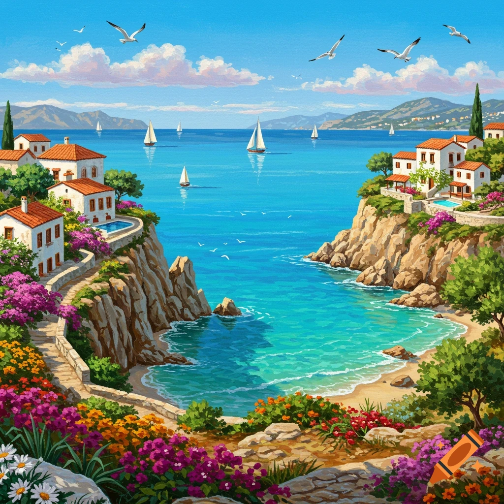 Vibrant painting of a Mediterranean coastal village with white houses, red roofs, and colorful flowers overlooking a turquoise bay with sailboats.