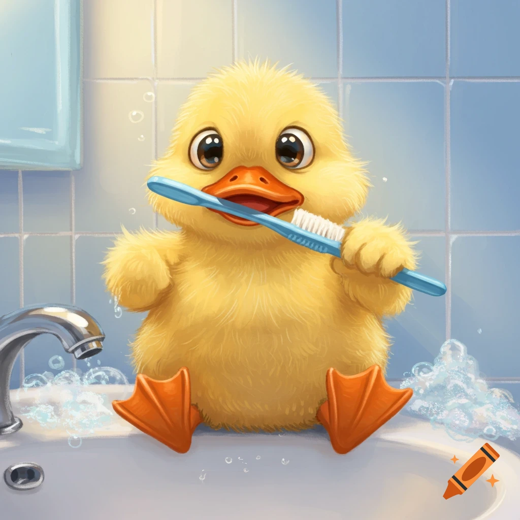 A cute, fluffy yellow duckling sitting in a bathroom sink, holding a blue toothbrush with its beak.