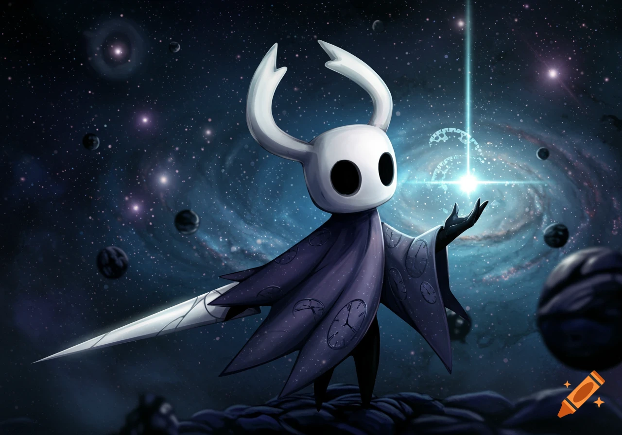 The Hollow Knight character with a white mask and dark cloak adorned with clock patterns, standing in a cosmic galaxy with planets and stars.