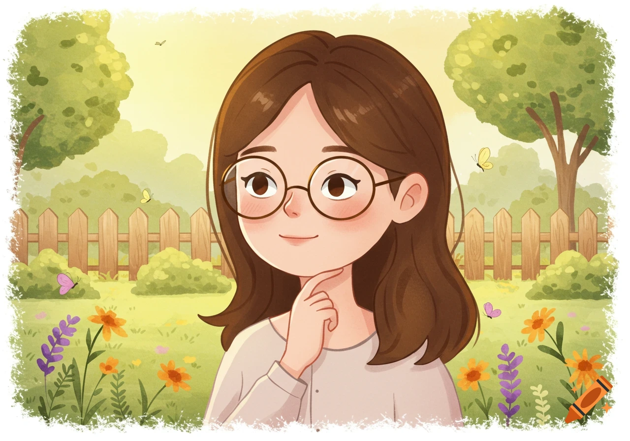 A watercolor cartoon illustration of a female character with brown hair and glasses in a sunny garden with flowers and a fence.