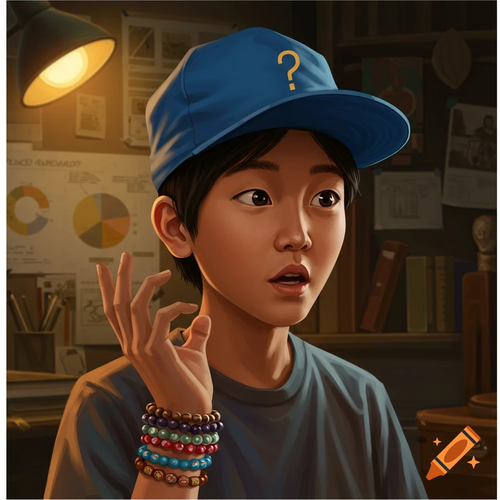 Digital illustration of an Asian teenage boy in a blue baseball cap with a yellow question mark, wearing colorful beaded bracelets, making a questioning gesture.