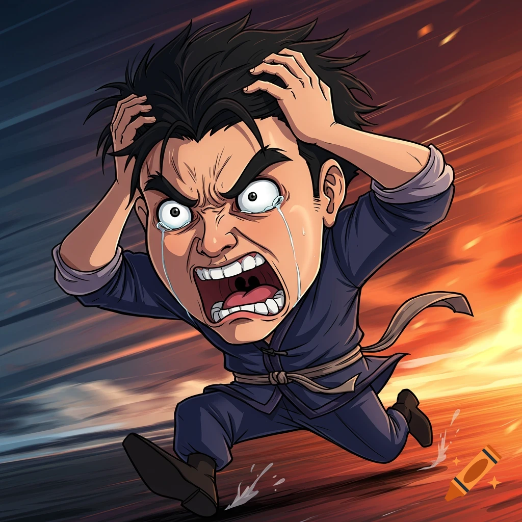 A cartoon man in a blue tunic runs with his hands on his head, screaming and crying, against a fiery and stormy sky.