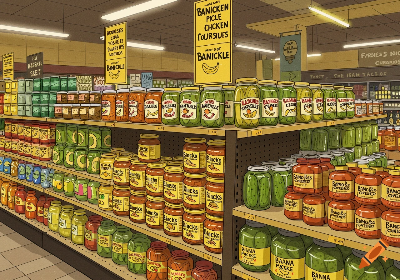 An illustrated view of a grocery store aisle stocked with many jars of various banana-themed food products like pickles and jams.