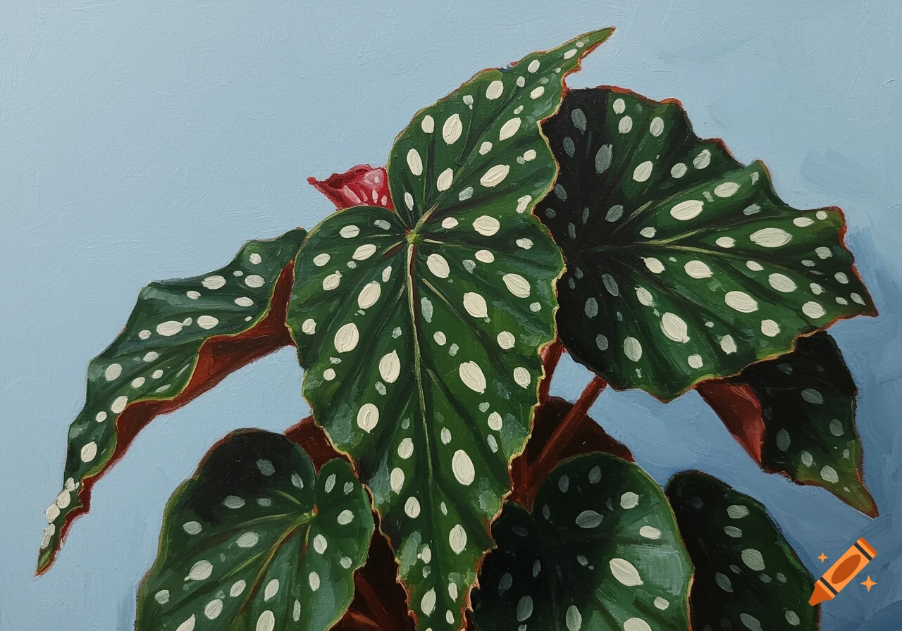 Acrylic painting of a polka dot begonia with green leaves and white spots against a light blue background.