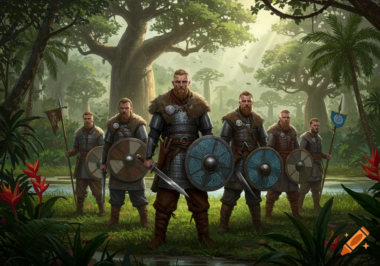 A group of armored Viking warriors stand in a lush jungle with large trees and a stream.