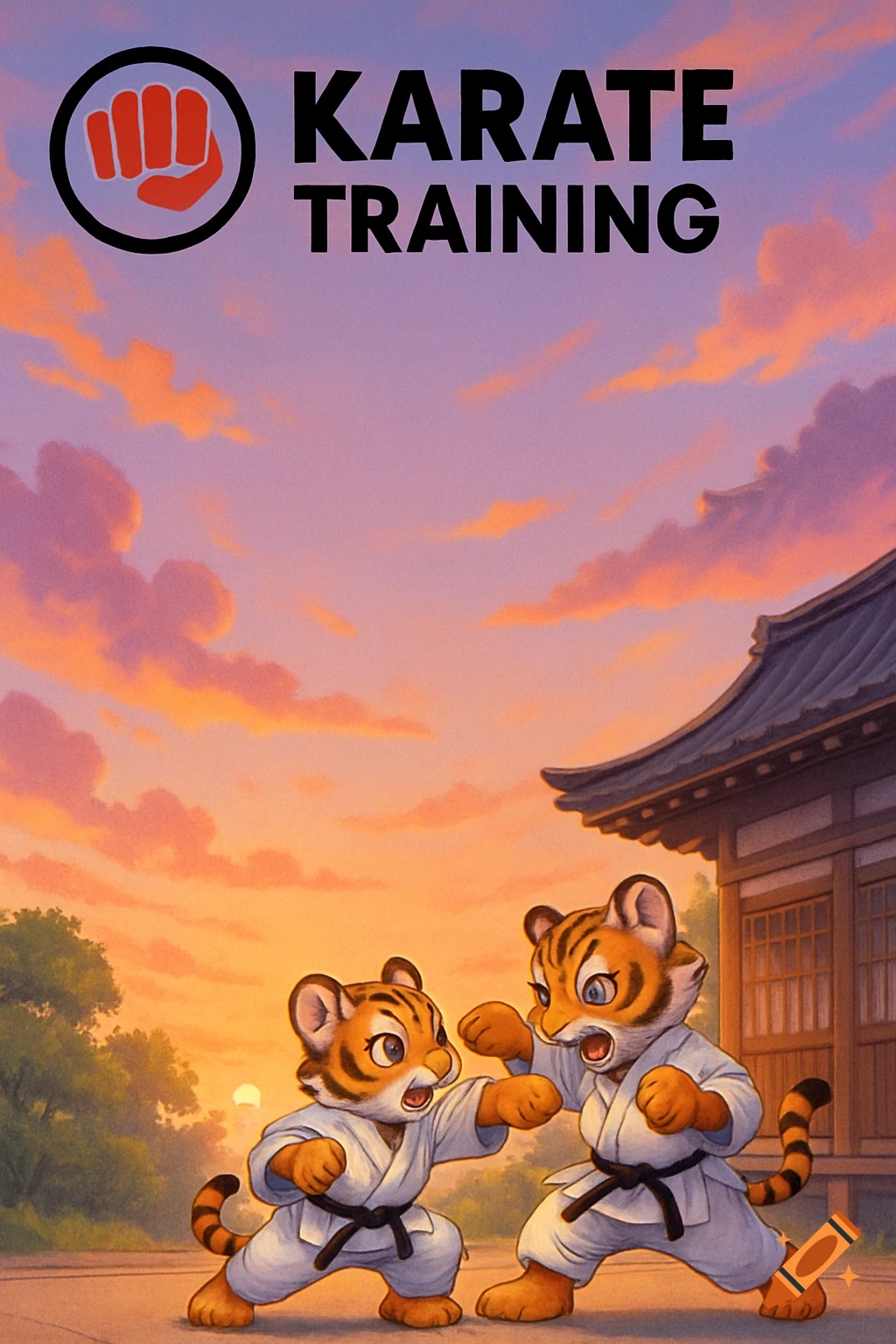 Two cartoon tiger cubs in white kimonos practicing karate outdoors at sunset, with 'KARATE TRAINING' text and a fist logo above.