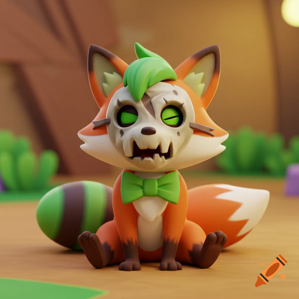 A cute 3D cartoon fox character with a green bowtie, green hair, and a white zombie skull mask, sitting on the ground.
