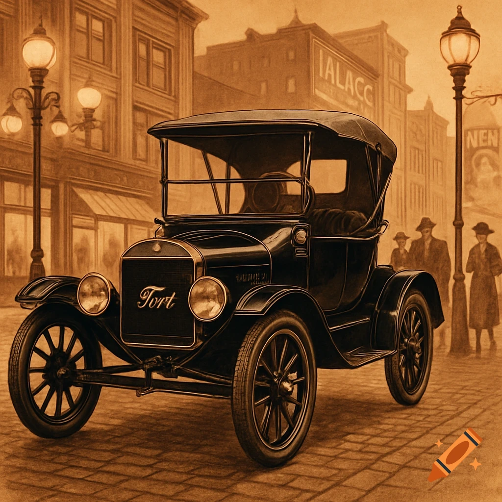 A sepia-toned image of a vintage black car on a cobblestone street in a historic city, with lamp posts and blurry figures.