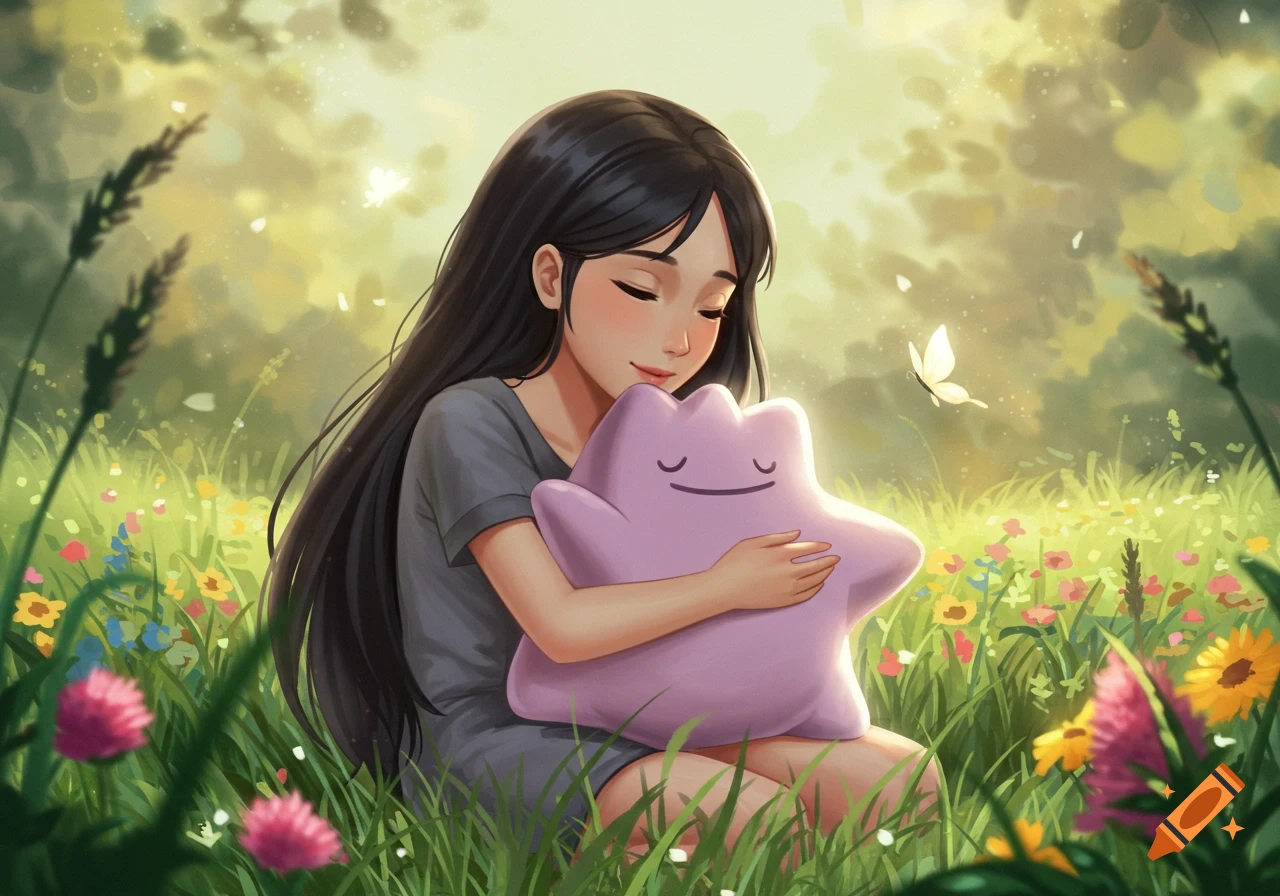 Anime girl with long black hair hugging a pink Ditto in a sunlit grassy field with wildflowers and butterflies.