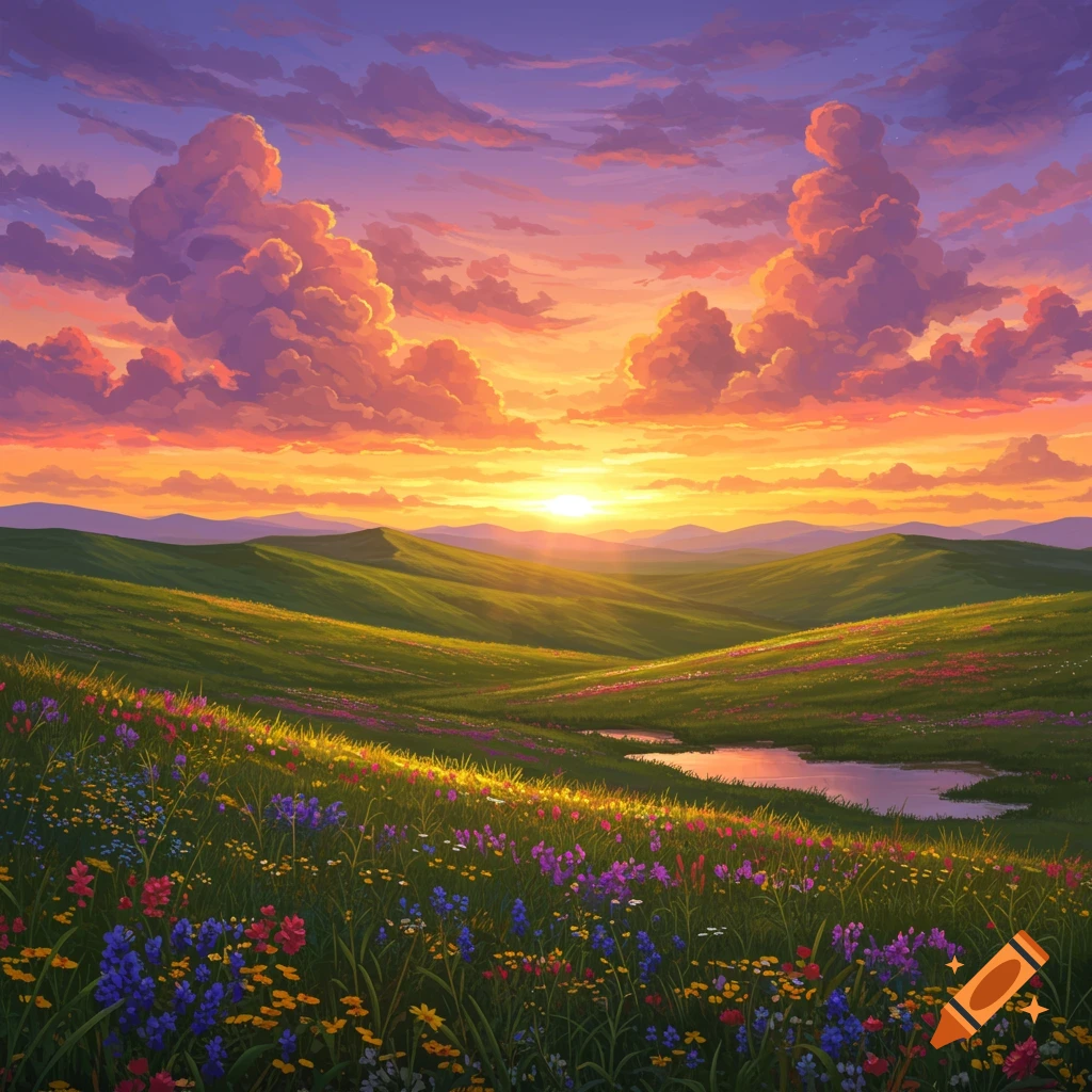 A vibrant sunset over rolling green hills covered in colorful wildflowers, with a small pond reflecting the sky.