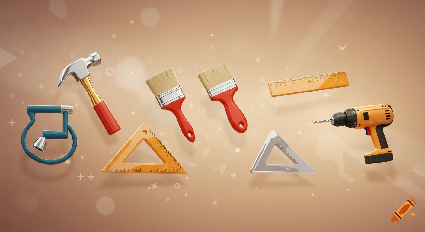 An array of 3D-rendered home improvement tools including a hammer, paintbrushes, ruler, drill, and set squares, on a warm background.