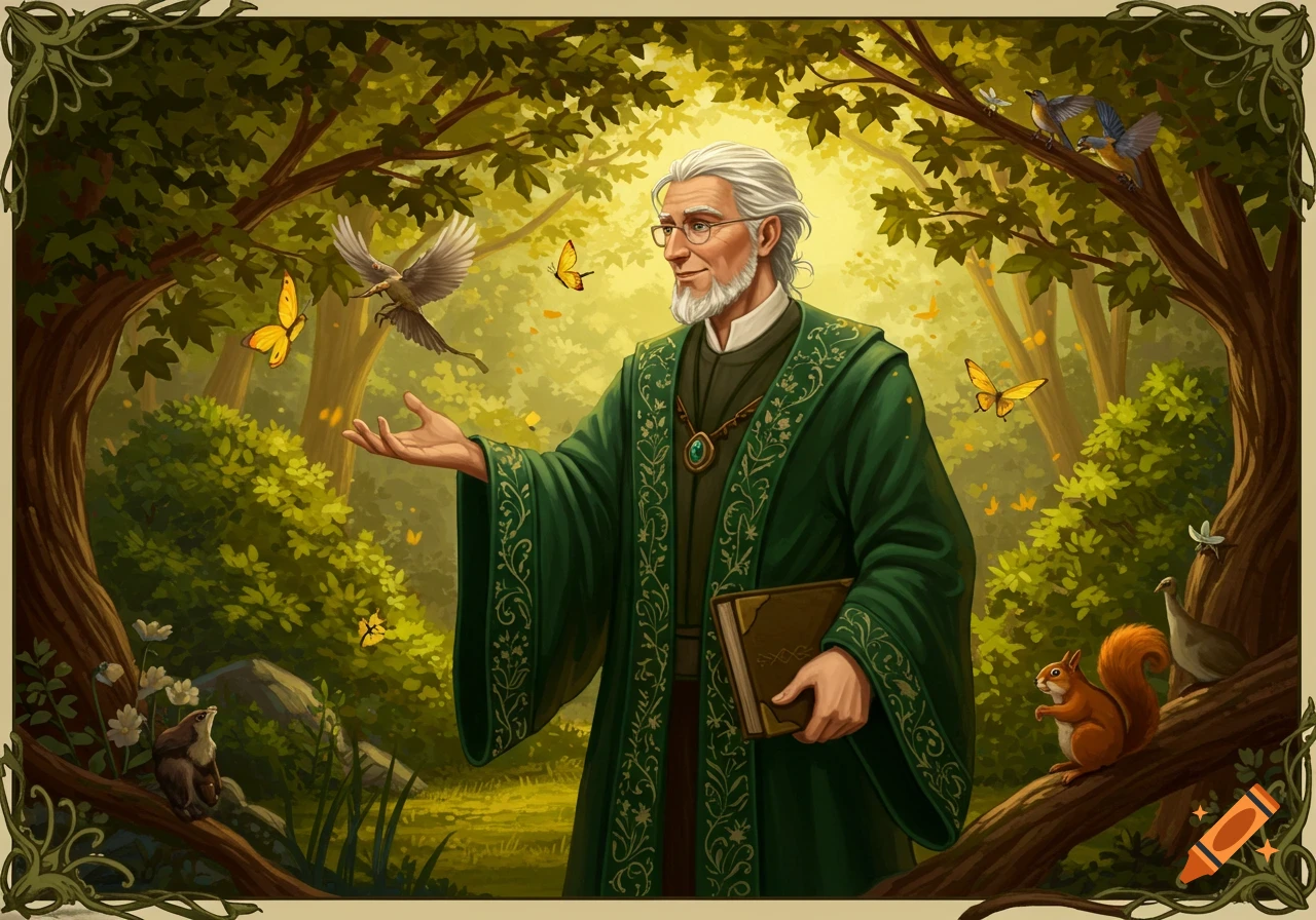 An old man in a green robe and glasses stands in an enchanted forest, surrounded by trees, birds, butterflies, and a squirrel.