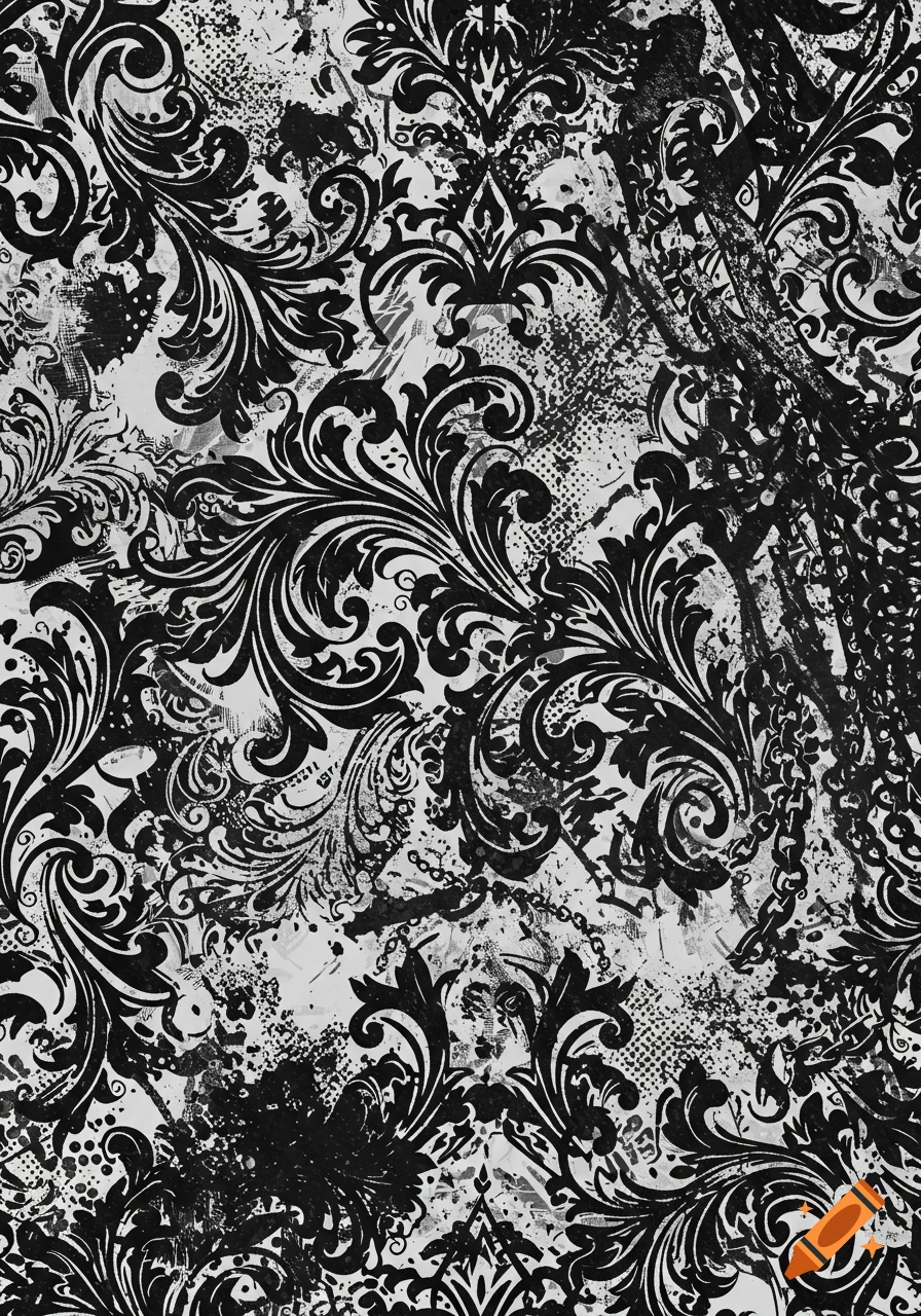 Black and white distressed filigree pattern with grunge textures and chains.