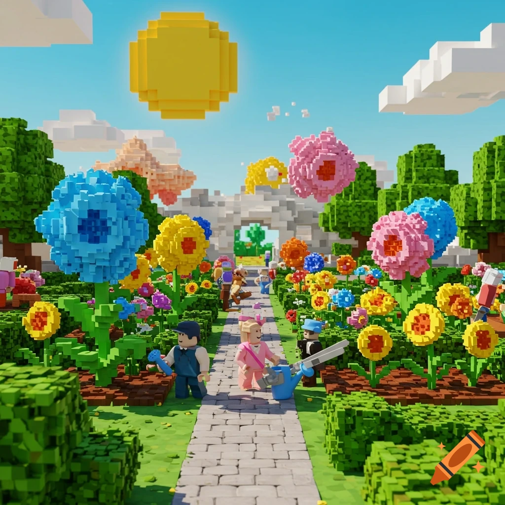 A vibrant voxel art garden scene with blocky characters tending to large colorful flowers under a bright yellow sun.
