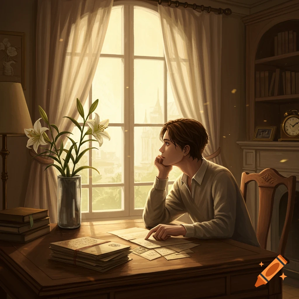 A pensive young man with brown hair sits at a wooden desk by a window, looking out into a sunny, bright exterior. Papers and a vase of white lilies are on the desk.