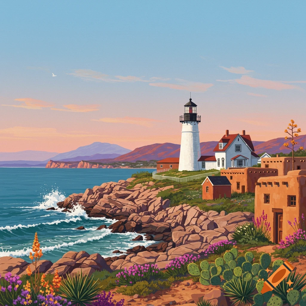 Stylized illustration of a lighthouse and houses on a rocky coast at sunset, with adobe buildings and desert plants.