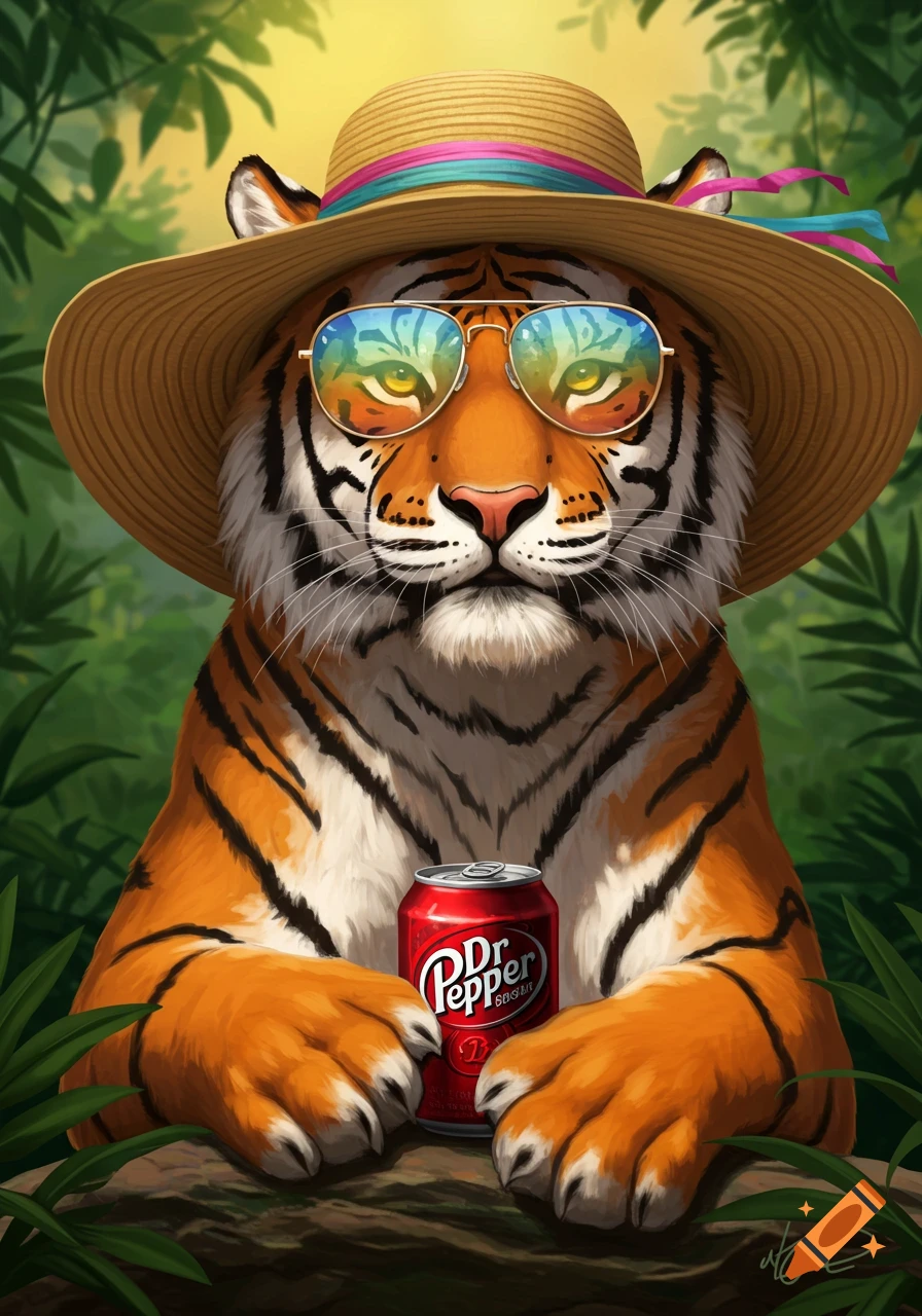 A tiger wearing a straw hat and reflective sunglasses, holding a Dr. Pepper can in a lush jungle setting.