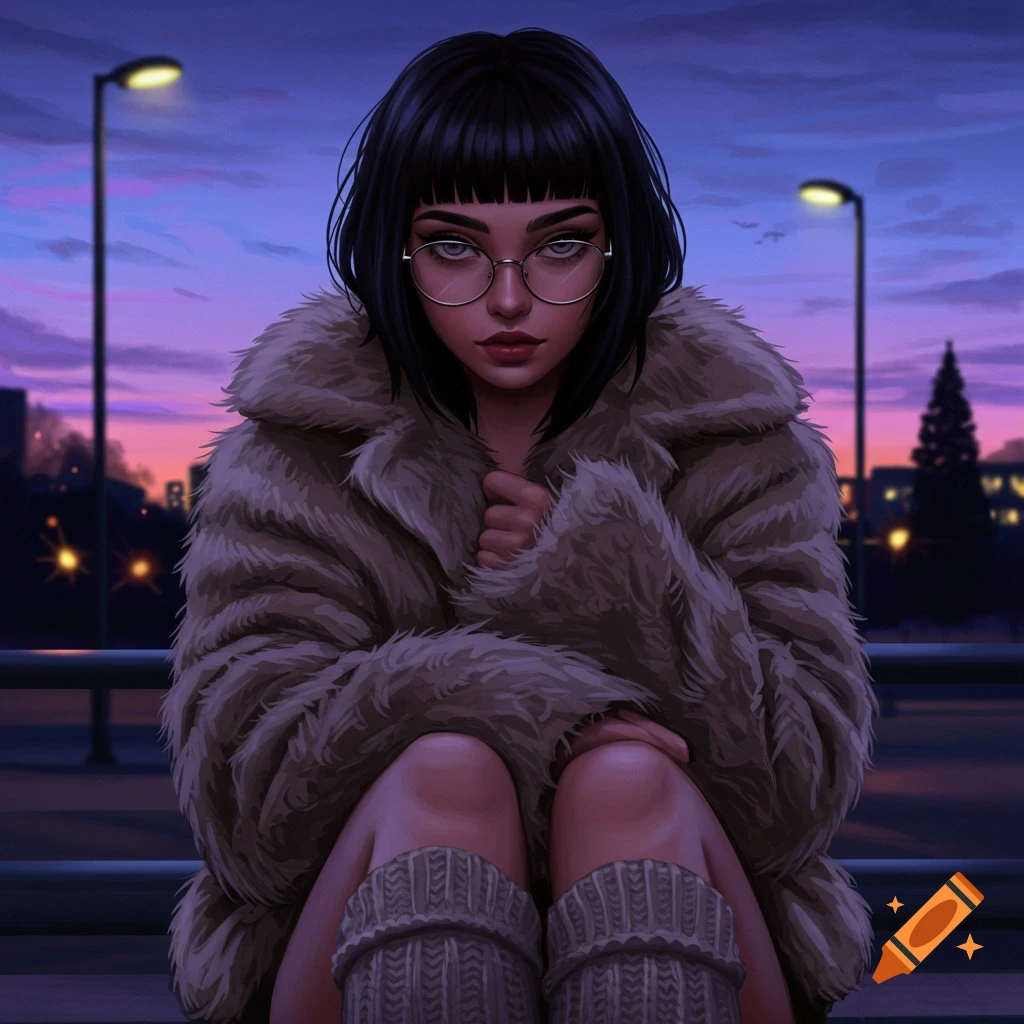 Digital art portrait of a short black-haired girl with bangs and glasses, wearing a fur coat and leg warmers, sitting outdoors at dusk.